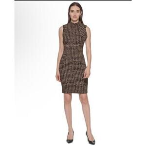 Calvin Klein mock neck jacquard sleeveless dress sz 14 brown black career sheath